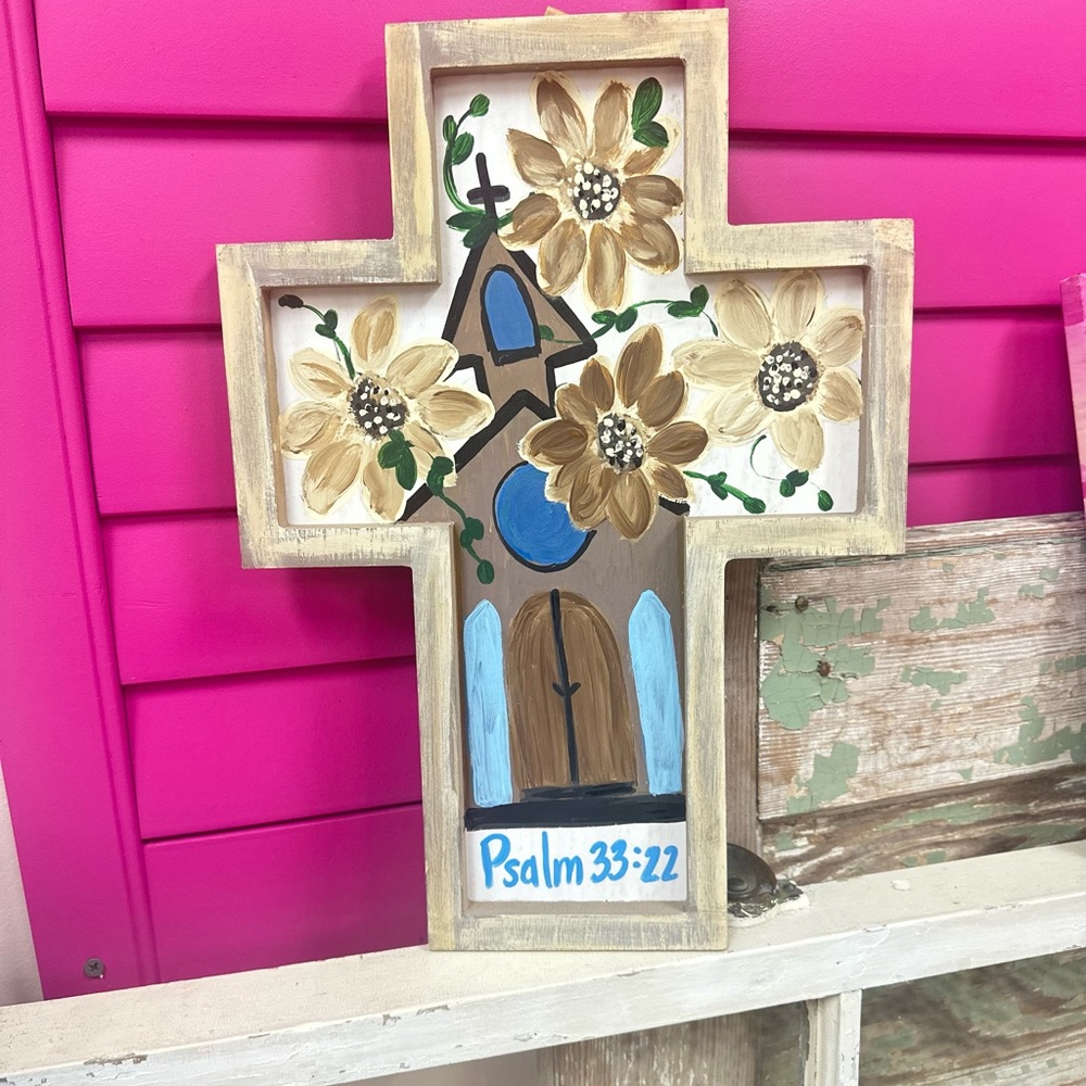 Floral Cross Wall Decor with Psalm 33:22